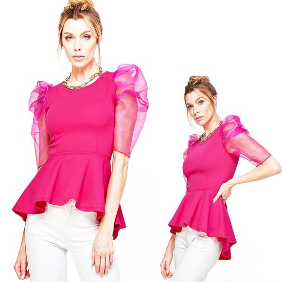 Retro Sheer Puff Romantic Fuchsia Blouse Top - Picture 1 of 6